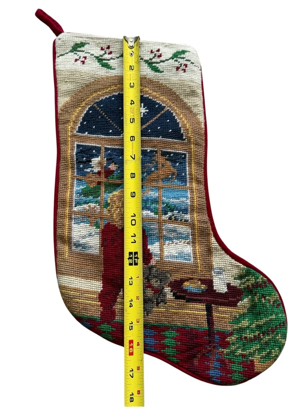 Vintage Wool Needlepoint Christmas Stocking Santa Reindeer Grandmillennial Decor